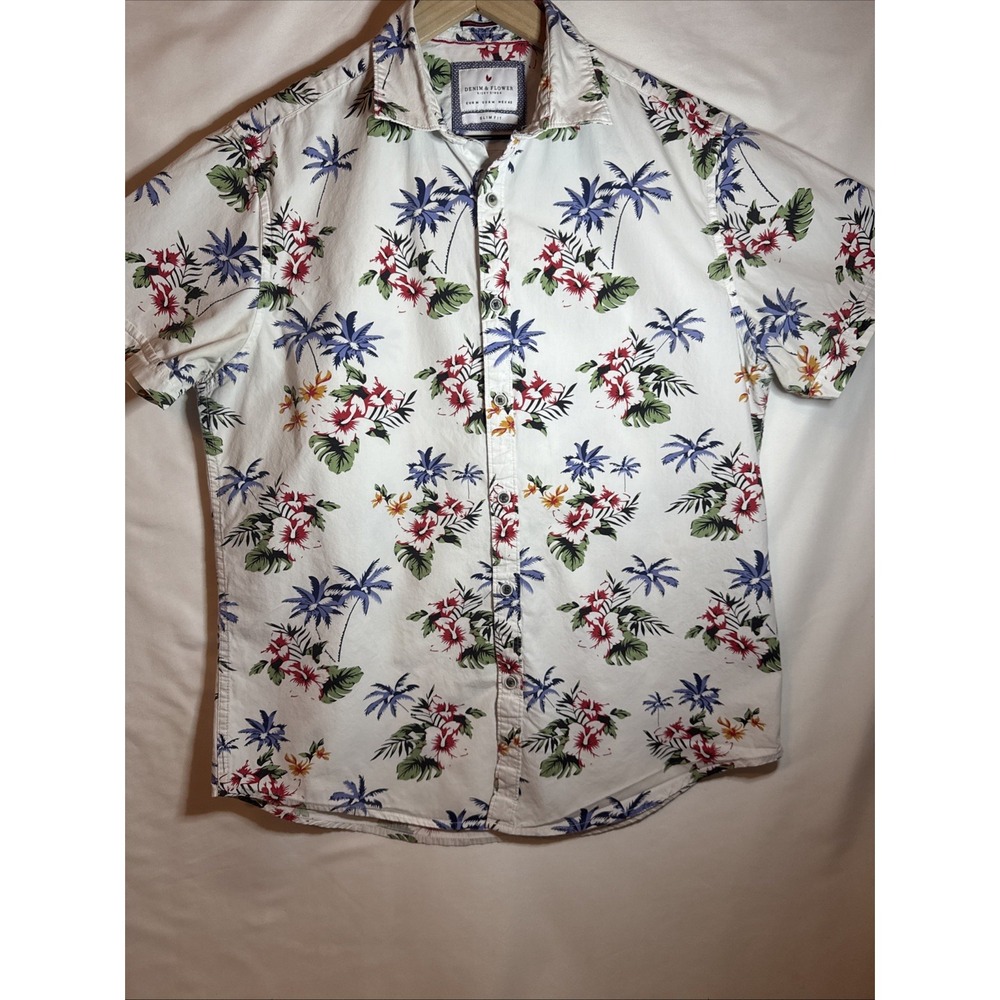 Men's Denim & Flower Short Sleeve Floral Button-Up Cotton Shirt Medium -Slim Fit